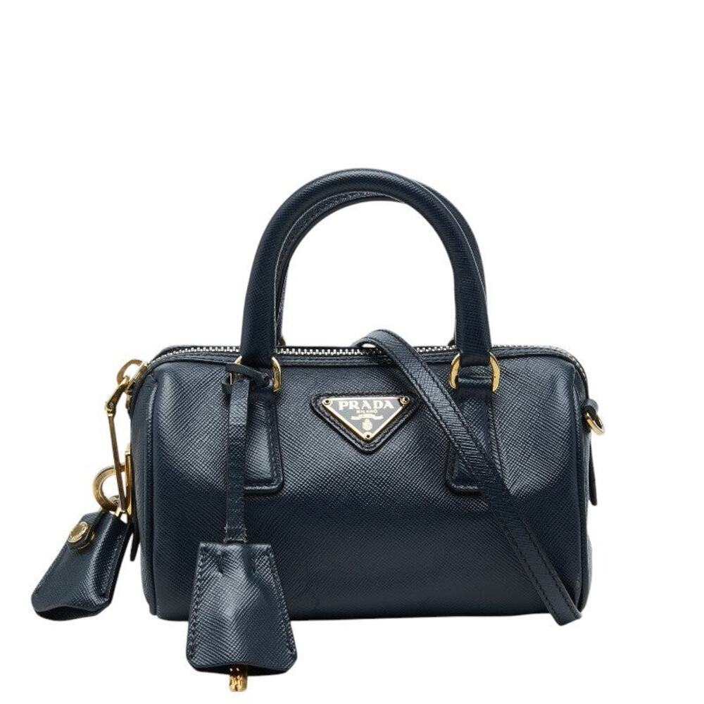 Prada Triangle Logo Plate Mini Shoulder Bag Saffiano Leather Handbag Navy